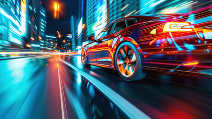 Rear view of Futuristic Car with high fast and speed through neon mega cyber city background, High acceleration car on tack with glowing light trails, night scene neon