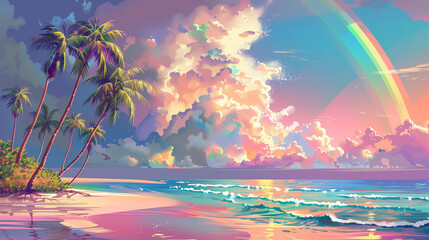 Paradise Island: Tropical Dreamscape. Vibrant and colorful illustration of a tropical island with tall coconut palms, unspoiled sandy beaches, and a rainbow over the shimmering sea, evoking a serene a