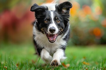 Fototapeta premium An adorable Border Collie with a glossy coat mid-run in a lush green park, exhaling joy, vitality, and the essence of a carefree life with pets
