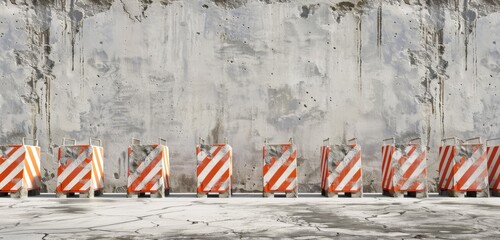 A row of striped barriers set against a textured concrete wall, signifying restriction.