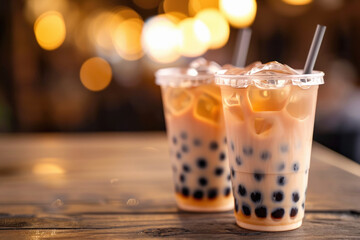 Homemade Milk Bubble Tea with Tapioca Pearls on wooden table
