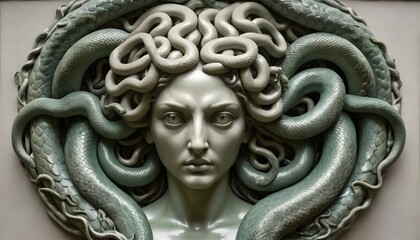 A medusa icon with snakes for hair and a stone gaz upscaled 4