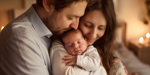 Obraz premium A tender moment as parents cuddle their sleeping infant in a warmly lit room