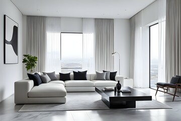 Fototapeta premium Minimalist living room. furniture has a modern and minimalist design, with a sofa