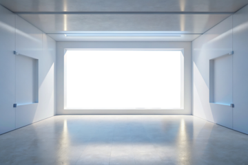 Front view on blank white sunny wall in white box hall. mockup
