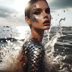 A mystical mermaid in jewelry.  Fashion magical photo shoot in a glamorous fairytale style.