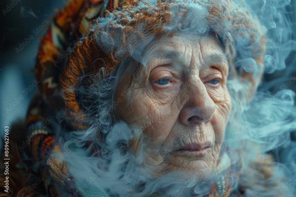 Poster colorful abstract smoky design with a blurred square obscuring a face placeholder for compositing