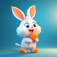 A cartoon rabbit is holding a carrot in its mouth