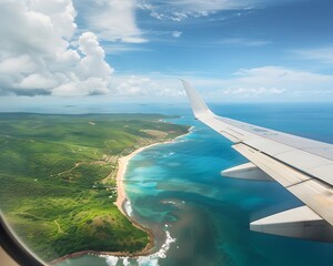 Obraz premium View from a plane window of a wing over an island with turquoise ocean, white clouds in the blue sky