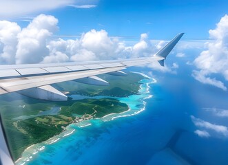 Naklejka premium View from a plane window of a wing over an island with turquoise ocean, white clouds in the blue sky