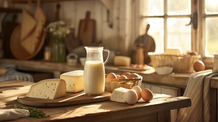 Dairy products and eggs on a table. Healthy fresh farm food background: milk, cheese, eggs. Rustic breakfast concept
