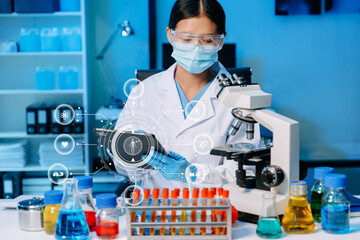 Female scientist working with micro pipettes analyzing biochemical samples, advanced science...