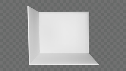 3d white stand booth corner room for event. Blank display space for trade show with floor. Perspective box view render template for showroom interior and presentation. Square exhibit panel layout