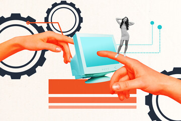 Composite collage picture image of hands connection female working process data analysis startup...