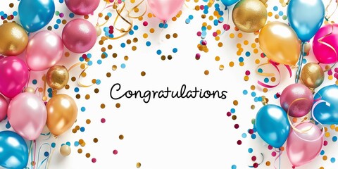 A festive arrangement of colorful balloons and confetti with the text 'Congratulations' for celebrations