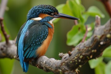 Cute kingfisher sitting on a branch in nature, kingfisher with blue feathers sitting on a thin branch against nature, AI-generated