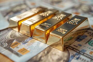 Pieces of gold lie on the background of money.