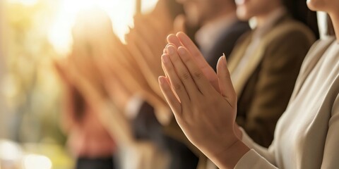 Close-up of a group of people clapping hands at an event, expressing gratitude and approval with warm sunlight behind