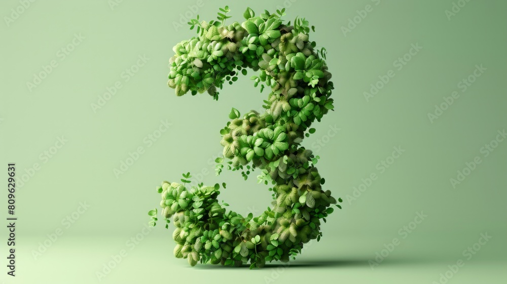 Poster 3d icon of number 0 to 9 a green numeral three with a leafy texture, sprouting small leaves, isolate