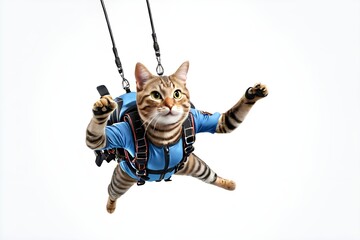 Cat skydiving wearing equipment