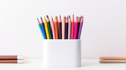 Fototapeta premium sharpened colored pencils in a white holder against a plain background