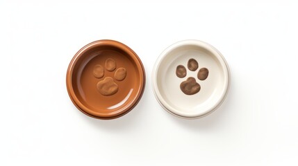 Obraz premium two pet bowls, one brown and one white, each adorned with a paw print design made of small grains on a white background.