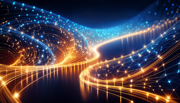 visualization of particle, quantum bits of pathways, abstract background, technology, networks of strings
