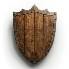  3D Render Vintage Style Wooden Shield Isolated on White Background.