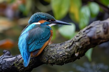 Cute kingfisher sitting on a branch in nature, kingfisher with blue feathers sitting on a thin branch against nature, AI-generated