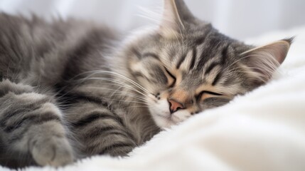 grey cat sleeping on a soft white surface