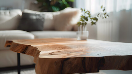 A wooden table top made of sawn wood in the interior of the room on the background of a sofa