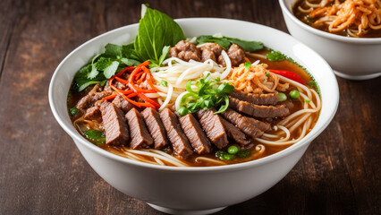 A delicious hot dish of beef pho with tendons, knuckle, tripe and meatballs, bean sprouts and Thai basil.
