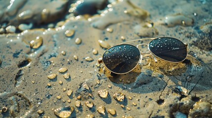 Close-up shot of glasses on a summer beach. Sunny vibe