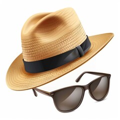 Panama Hat and Sunglasses on White Background, Summer Holidays Elements.