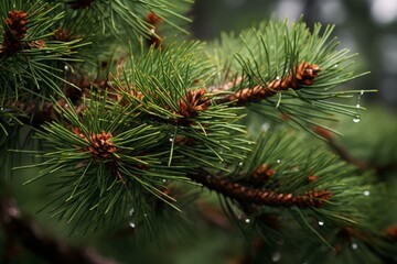 Detailed view of a pine branch with fresh dew drops glistening in soft lighting