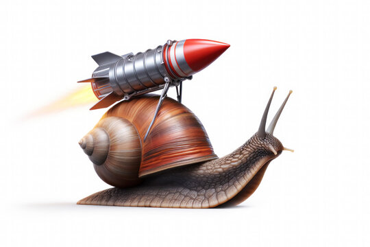 Business acceleration concept as a snail with a jet pack engine to accelerate success as a metaphor for innovation on white background