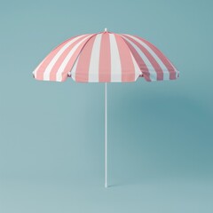 A 3D minimalist beach umbrella in stripes of pastel pink and white, set against a soft blue background., AI Generative