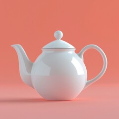 A 3D minimalist teapot in glossy white, set against a pastel coral background., AI Generative