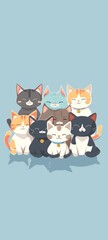 Obraz premium A group of cute Cats. A minimalist and creative style of flat illustration, visual experience on a smartphone wallpaper, AI generated
