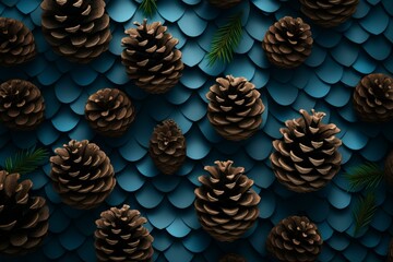 Overhead view of pine cones arranged on a vivid blue backdrop, creating a natural pattern
