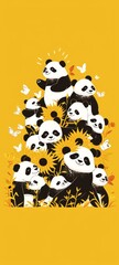 Fototapeta premium A group of cute pandas. A minimalist and creative style of flat illustration, visual experience on a smartphone wallpaper, AI generated