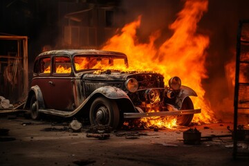 Obraz premium Vintage Car Engulfed in Flames Amidst a Devastated Garage Scene. Generative AI