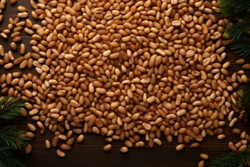 Obraz premium Top view of scattered pine nuts with pine leaves on a rustic wood surface