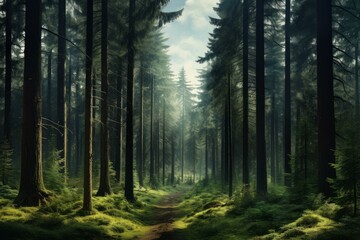 Obraz premium Serene path through an old-growth forest bathed in the soft light of morning