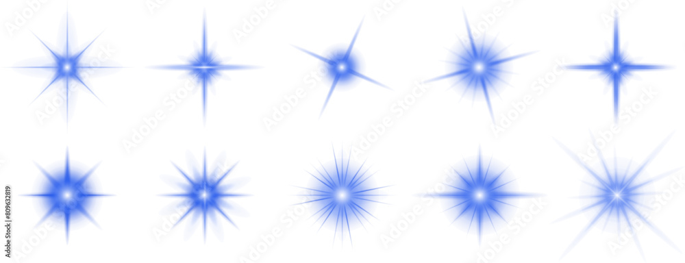 Poster set of sparkling blue stars on transparent background. glow effect. christmas concept. festive light