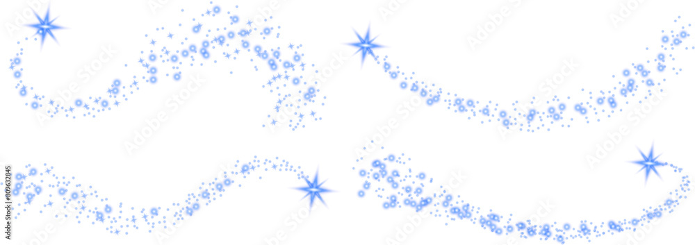 Poster set of sparkling blue stars on transparent background. glow effect. christmas concept. festive light