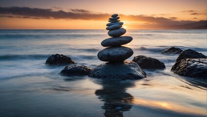 A stack of rocks balancing on top of an ocean shore with water blurred by a long exposure