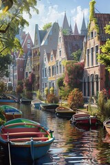 A painting depicting boats sailing along a charming canal lined with historic buildings in a city.