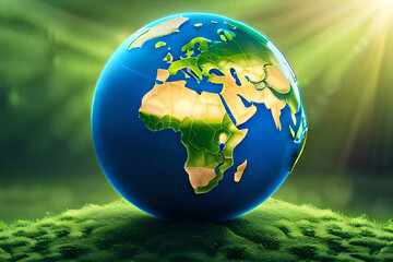 Naklejka premium Earth Day - Environment - Green Globe In Forest With Moss And Defocused Abstract Sunlight