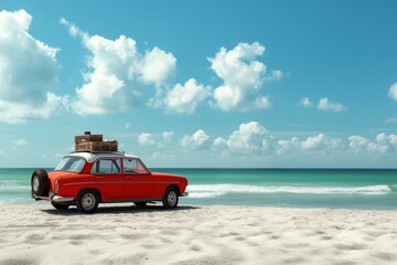 Fototapeta na wymiar Classic red car with luggage on the roof, parked by a pristine beach under a bright blue sky with clouds